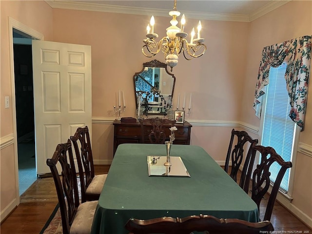 5400 Labrador Dr, Hope Mills, NC 28348 - dining area with a chandelier, crown molding, baseboards, and wood finished floors