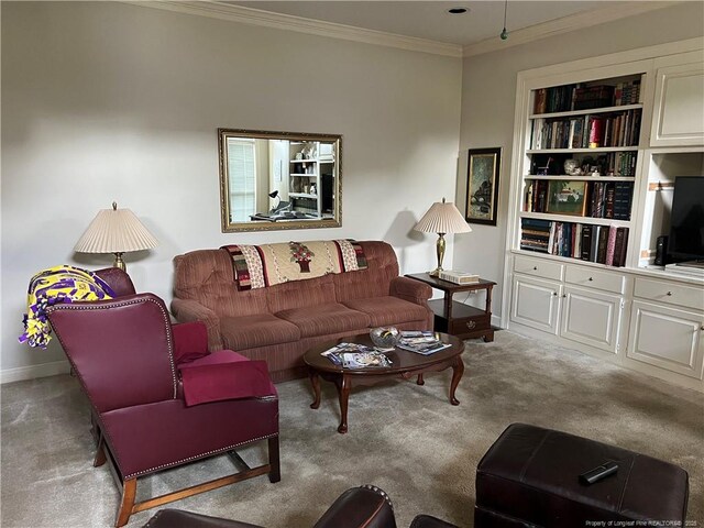 5400 Labrador Dr, Hope Mills, NC 28348 - carpeted living room with baseboards, ornamental molding, and built in shelves