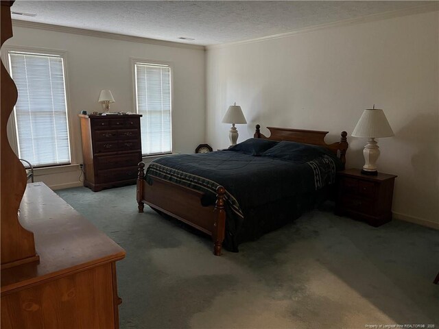 5400 Labrador Dr, Hope Mills, NC 28348 - bedroom featuring carpet flooring, a textured ceiling, baseboards, and ornamental molding