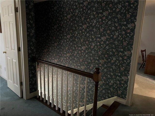 5400 Labrador Dr, Hope Mills, NC 28348 - staircase with baseboards, wallpapered walls, and carpet floors