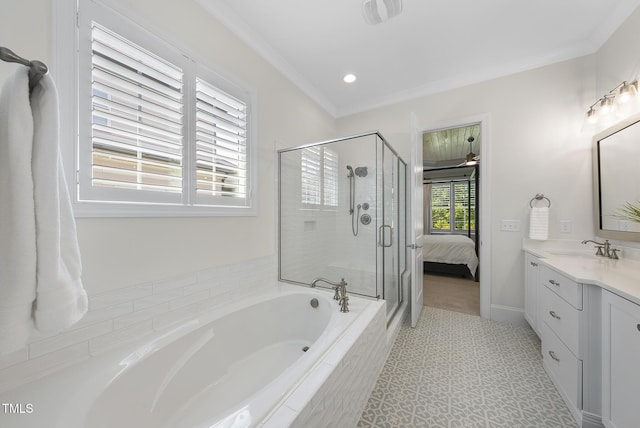 full bath featuring connected bathroom, vanity, visible vents, a garden tub, and a stall shower