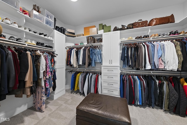 walk in closet with light colored carpet