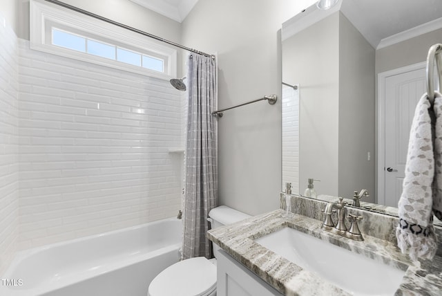 bathroom with crown molding, shower / tub combo with curtain, toilet, and vanity