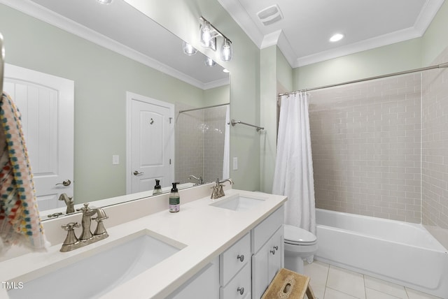 full bath with toilet, ornamental molding, a sink, and tile patterned flooring