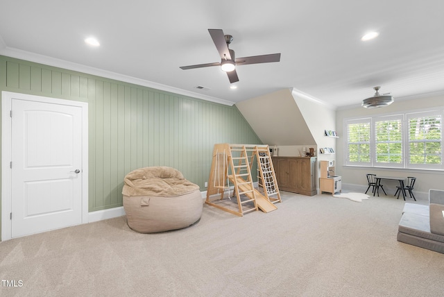 game room featuring crown molding, carpet, ceiling fan, and visible vents