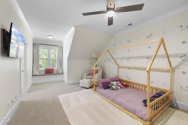 bedroom with carpet flooring, baseboards, visible vents, and ornamental molding