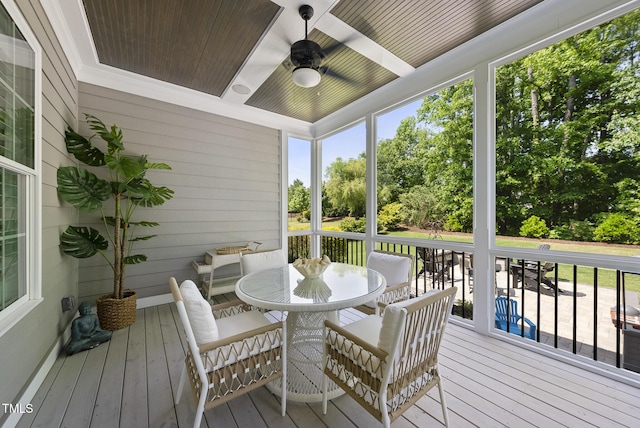 sunroom / solarium with outdoor dining space and ceiling fan