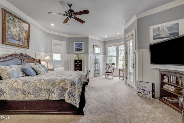 1605 Hunting Ridge Rd, Raleigh, NC 27615 - carpeted bedroom with a decorative wall, recessed lighting, ornamental molding, and access to outside