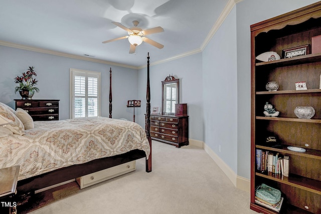 1605 Hunting Ridge Rd, Raleigh, NC 27615 - carpeted bedroom featuring ceiling fan, baseboards, crown molding, and visible vents