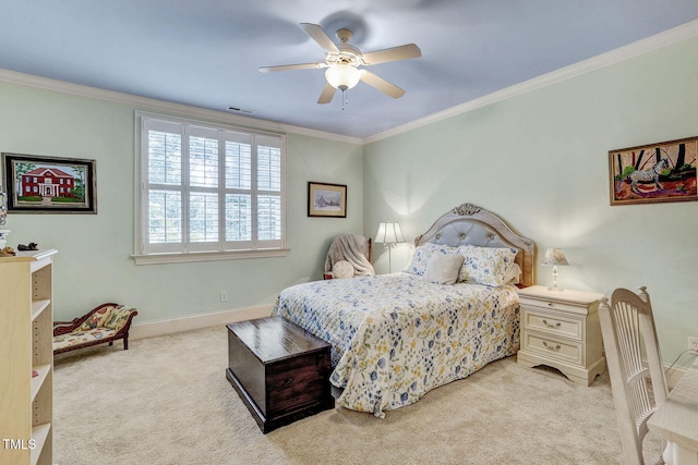 1605 Hunting Ridge Rd, Raleigh, NC 27615 - bedroom with visible vents, ornamental molding, carpet floors, baseboards, and ceiling fan