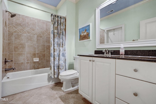 1605 Hunting Ridge Rd, Raleigh, NC 27615 - bathroom featuring tile patterned flooring, shower / bath combination with curtain, visible vents, toilet, and ornamental molding