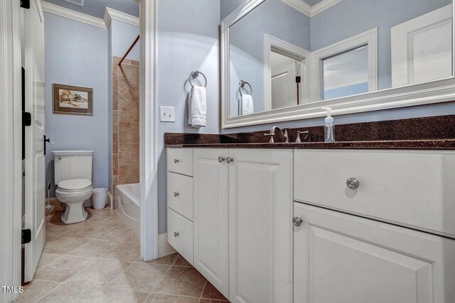 1605 Hunting Ridge Rd, Raleigh, NC 27615 - bathroom featuring crown molding, vanity, shower / bath combination, toilet, and tile patterned flooring
