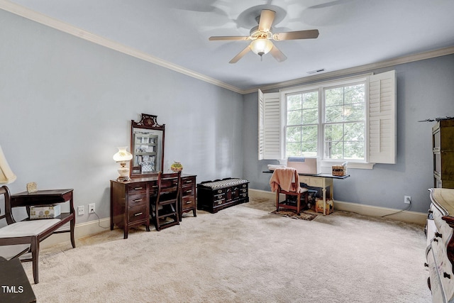 1605 Hunting Ridge Rd, Raleigh, NC 27615 - carpeted office featuring visible vents, a ceiling fan, baseboards, and ornamental molding