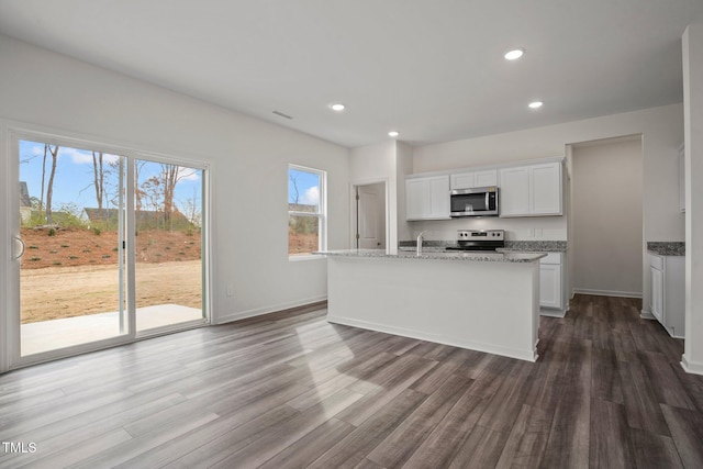 kitchen with stainless steel appliances, dark wood-style floors, recessed lighting, white cabinetry, and a sink