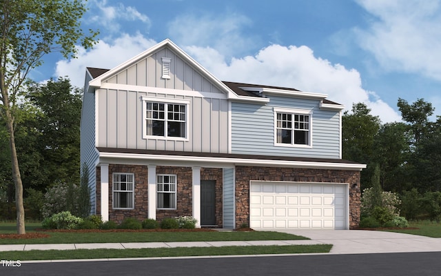view of front of house featuring stone siding, board and batten siding, an attached garage, and concrete driveway