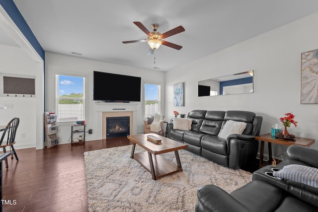 living area featuring ceiling fan, a wealth of natural light, wood finished floors, and a glass covered fireplace