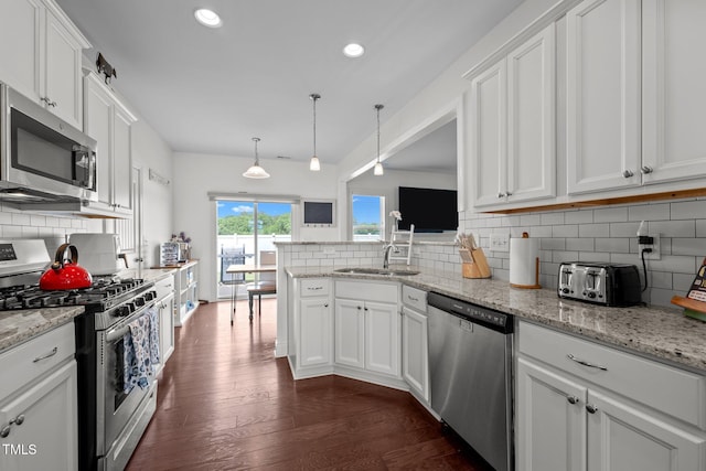 kitchen with white cabinetry, tasteful backsplash, a sink, appliances with stainless steel finishes, and dark wood finished floors
