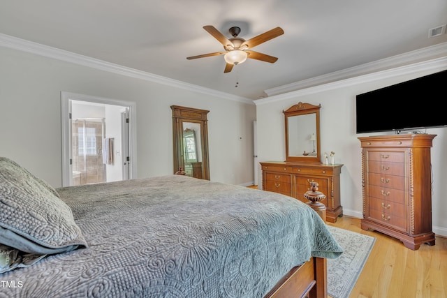 bedroom featuring a ceiling fan, visible vents, crown molding, light wood-type flooring, and baseboards