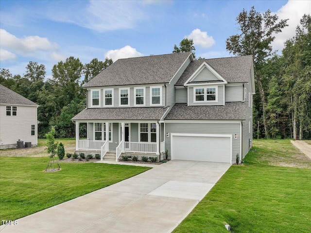 view of front of property featuring covered porch, a garage, a shingled roof, and driveway