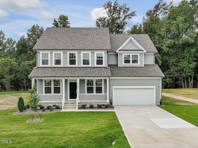 view of front facade featuring covered porch, concrete driveway, a front yard, and an attached garage