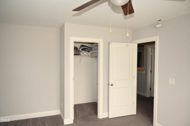 474 Ashpole Trl, Clayton, NC 27520 - unfurnished bedroom with carpet flooring, a closet, baseboards, and a ceiling fan