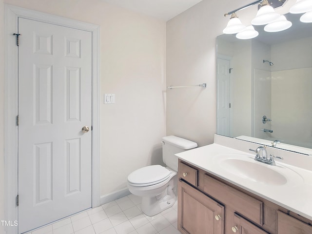 full bath with tile patterned flooring, walk in shower, vanity, baseboards, and toilet