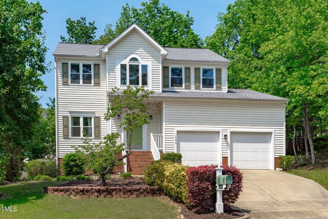 view of front of property featuring concrete driveway, brick siding, a shingled roof, and a garage