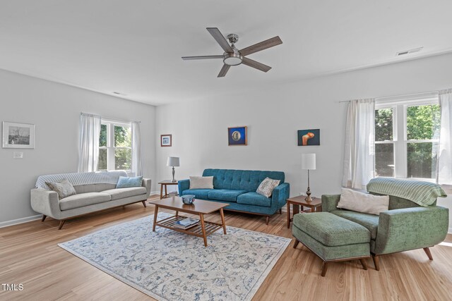 living area with visible vents, a ceiling fan, light wood-style flooring, and baseboards