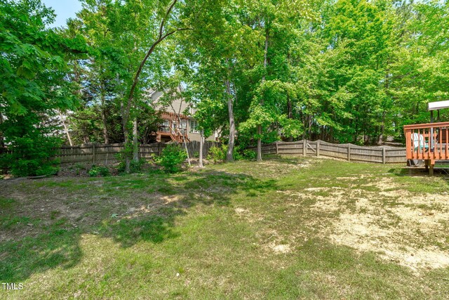 view of yard featuring a fenced backyard and a wooden deck