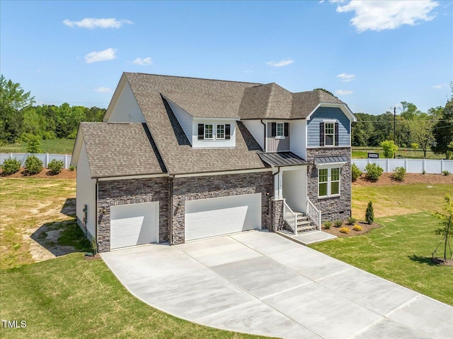33 Celtic Ln, Lillington, NC 27546 - view of front of home with fence, concrete driveway, a front yard, and stone siding