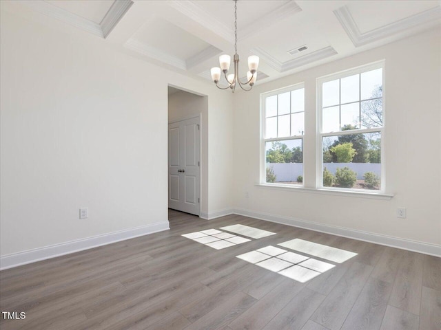 33 Celtic Ln, Lillington, NC 27546 - unfurnished dining area featuring wood finished floors, coffered ceiling, beam ceiling, visible vents, and a notable chandelier