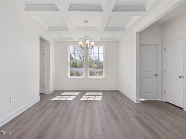 33 Celtic Ln, Lillington, NC 27546 - unfurnished dining area featuring beamed ceiling, a chandelier, coffered ceiling, baseboards, and wood finished floors