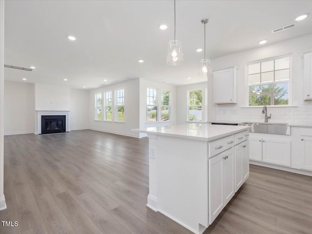 33 Celtic Ln, Lillington, NC 27546 - kitchen featuring a sink, light wood-type flooring, a center island, visible vents, and light countertops