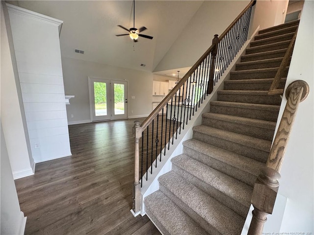 374 Whitestone Dr, Fayetteville, NC 28312 - stairway with wood finished floors, ceiling fan, high vaulted ceiling, and a fireplace