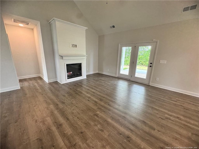 374 Whitestone Dr, Fayetteville, NC 28312 - unfurnished living room with dark wood finished floors, a fireplace, and high vaulted ceiling