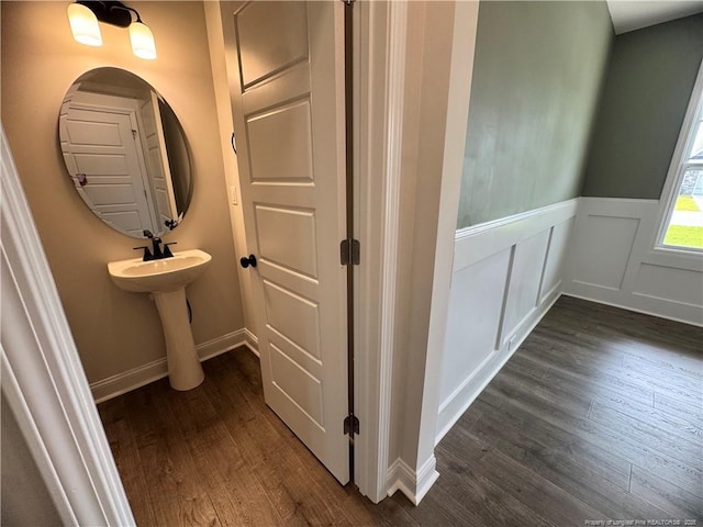 374 Whitestone Dr, Fayetteville, NC 28312 - bathroom featuring wood finished floors and a wainscoted wall