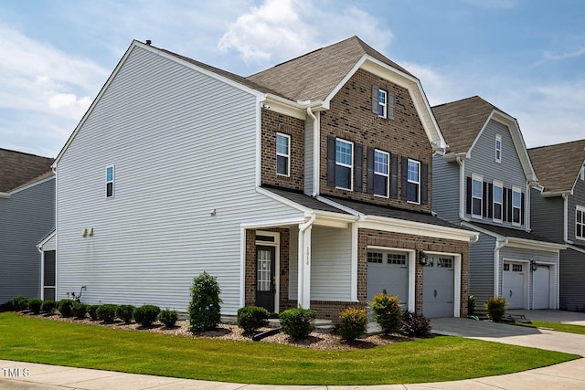1018 Excite Ave, Morrisville, NC 27560 - view of front of home featuring a garage, brick siding, driveway, roof with shingles, and a front yard