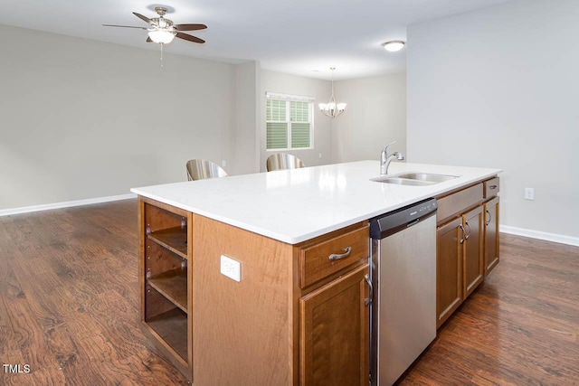 1018 Excite Ave, Morrisville, NC 27560 - kitchen with dishwasher, ceiling fan, dark wood-style floors, and an island with sink