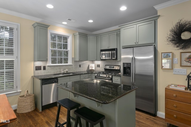 kitchen with a sink, gray cabinets, appliances with stainless steel finishes, and dark wood finished floors