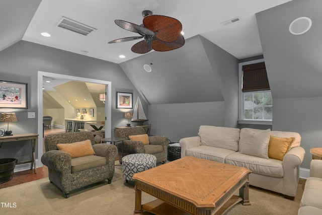 living area with ceiling fan, vaulted ceiling, recessed lighting, and visible vents