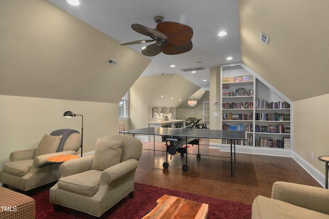 playroom featuring ceiling fan, visible vents, vaulted ceiling, built in shelves, and recessed lighting