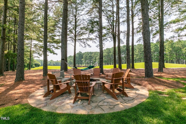 view of patio / terrace featuring an outdoor fire pit