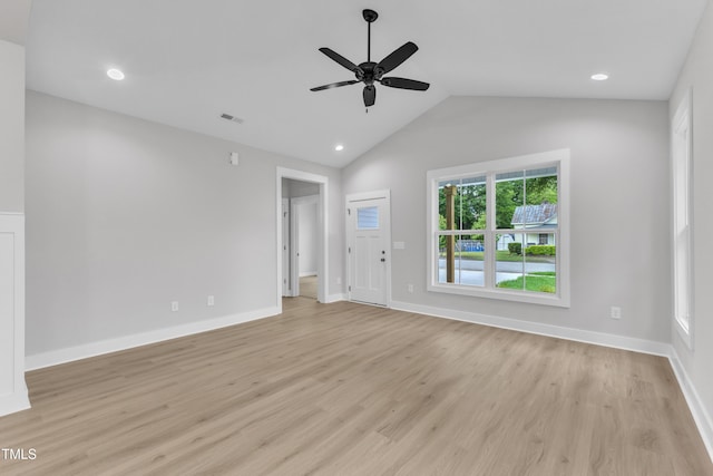 401 N Raiford St, Selma, NC 27576 - unfurnished living room with a ceiling fan, light wood-style flooring, lofted ceiling, recessed lighting, and baseboards