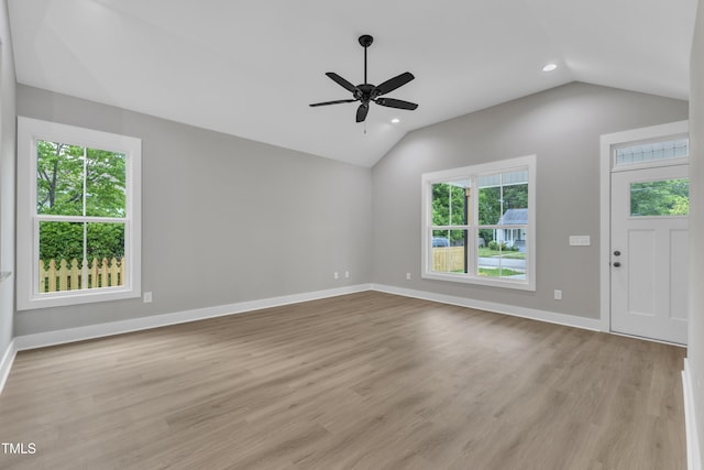405 N Raiford St, Selma, NC 27576 - foyer entrance with lofted ceiling, a ceiling fan, recessed lighting, light wood-style flooring, and baseboards