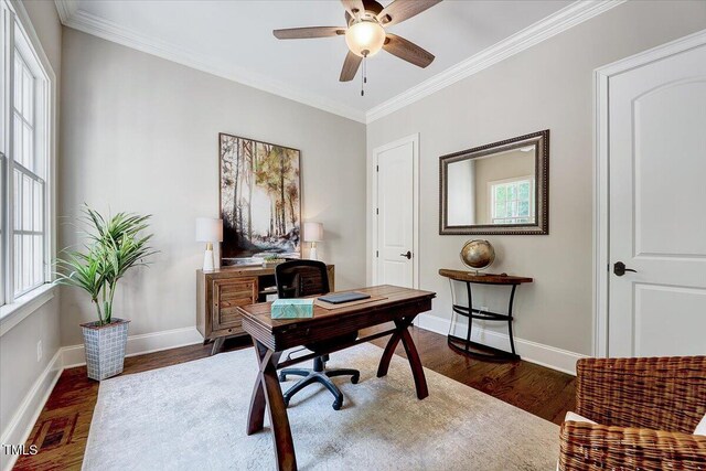 office space with a ceiling fan, baseboards, ornamental molding, and dark wood-type flooring