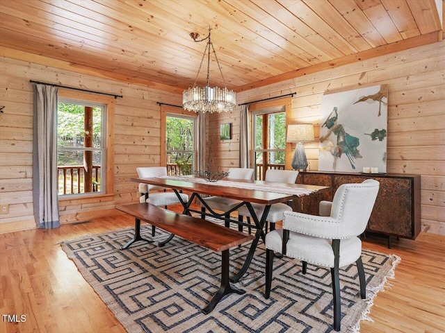 dining room with an inviting chandelier, wood walls, hardwood / wood-style floors, and wooden ceiling