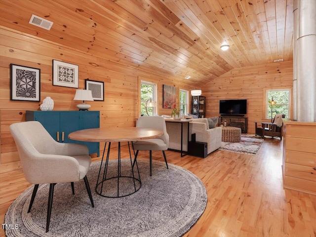 interior space with visible vents, wood walls, lofted ceiling, light wood-style floors, and wood ceiling