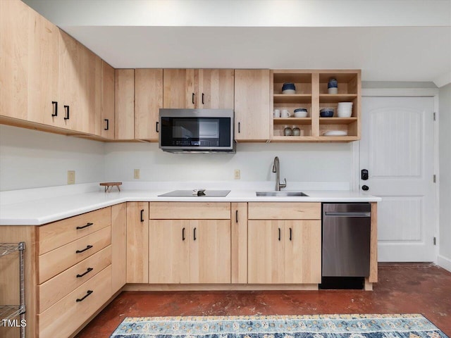 kitchen featuring light brown cabinetry, appliances with stainless steel finishes, a sink, light countertops, and finished concrete floors
