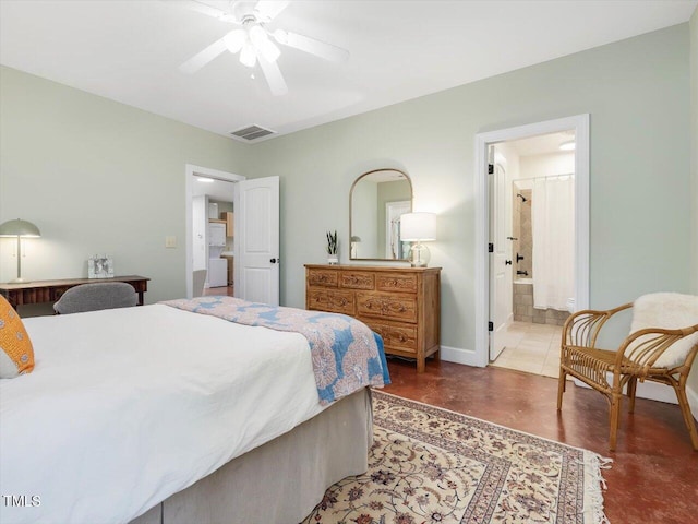 bedroom featuring visible vents, a ceiling fan, concrete floors, and ensuite bathroom
