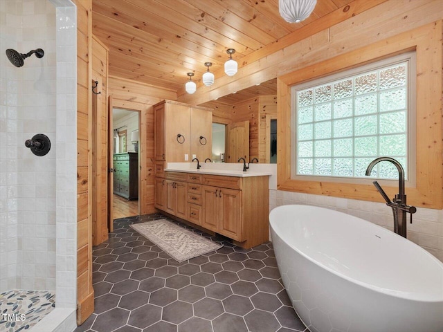 full bath featuring wood walls, wood ceiling, and tiled shower